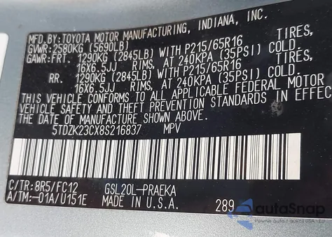 2008 Toyota Sienna Le from USA, damaged, VIN 5TDZK23CX8S216837